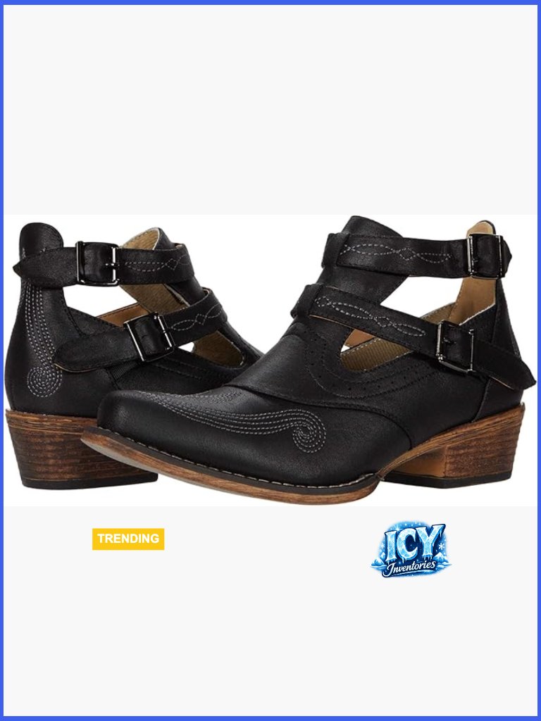 Embroidered Snip Toe Ankle Booties Low Block Heel Synthetic Faux Leather Roper